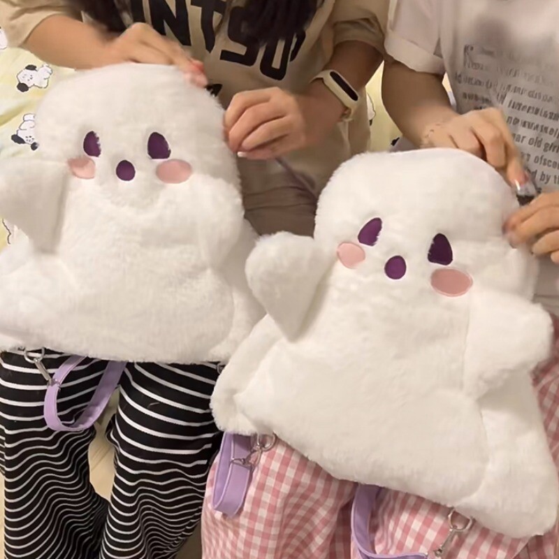 girl-casual-cute-ghost-backpack-faux-fur-doll-bag-plush-furry-cartoon-backpack