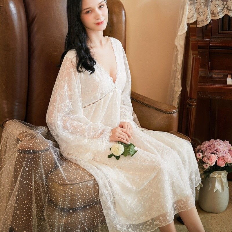 Women Nightdress Nightgown Sleepwear Flare Sleeve Floral Lace Mesh Retro
