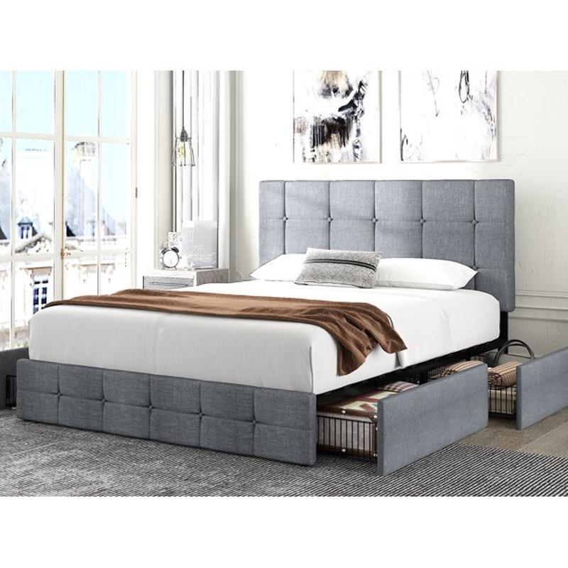 Upholstered Platform QUEEN Bed Frame Button Tufted Headboard 4 Storage Drawer