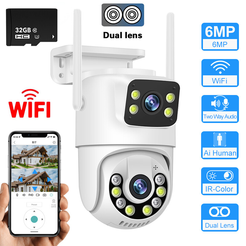 ICSee Dual Lens WiFi IP Camera Outdoor CCTV PTZ Home Security IR Cam w/ SD Card
