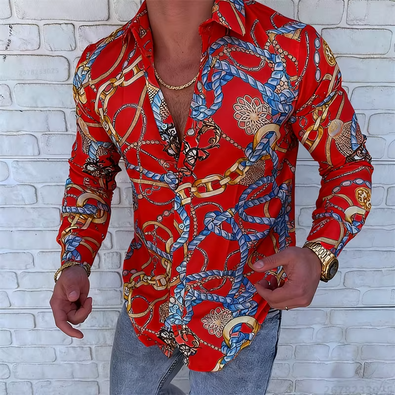Men's luxury chain pattern long-sleeved shirt European and American style