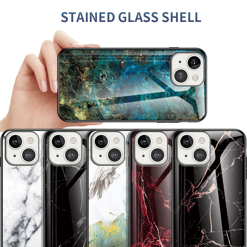 Case For iPhone 15 14 Pro Max 13 12 11 Marble Tempered Glass Shockproof Cover