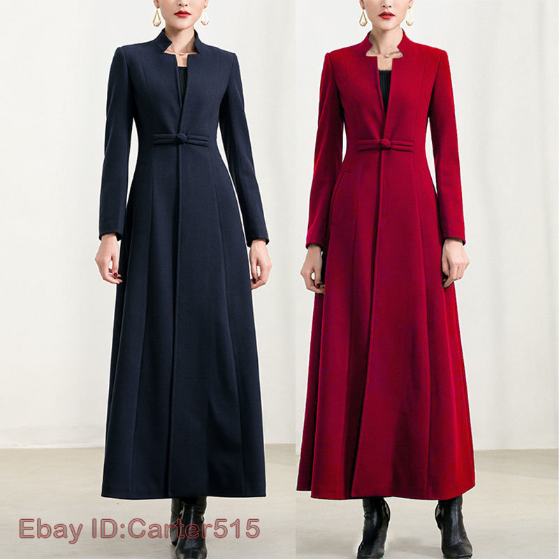 Womens Wool Blend Thicken Stand Collar Waist Long Maxi Coat