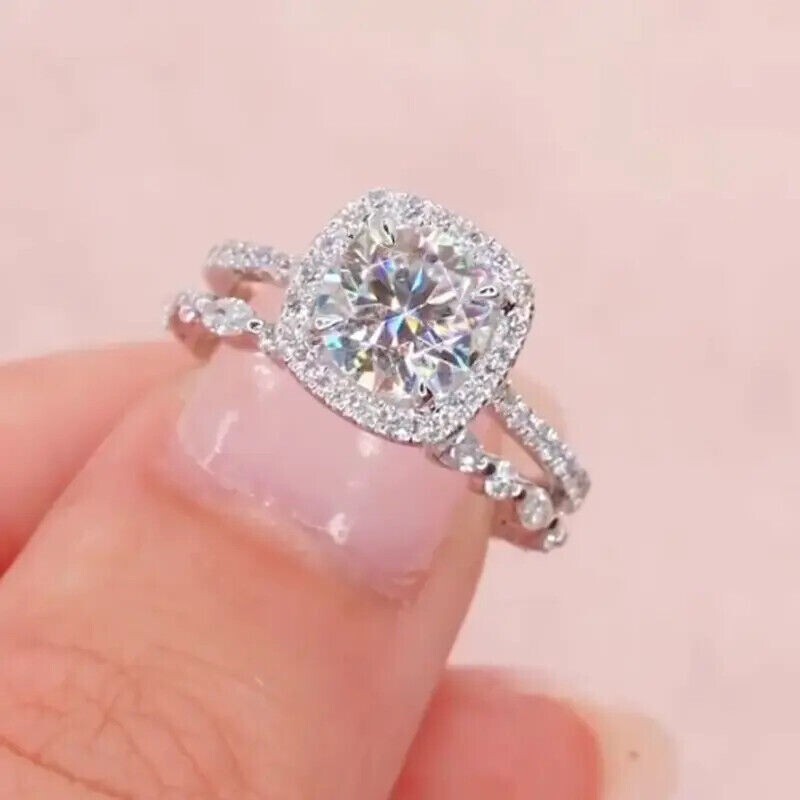 2.10 CT Round Cut Moissanite Halo Bridal Engagement Ring 14K White Gold Plated
