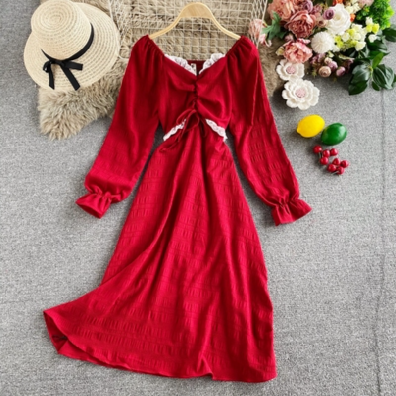 Damen Retro Puffärmel Midi Kleid Eckiger Ausschnitt Rüsche A-Linie Plissiert Süß
