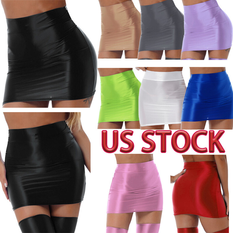 ミニスカート NYLON MINI SKIRT Women Shiny Nylon Mini Skirt High Waisted Pencil Bodycon