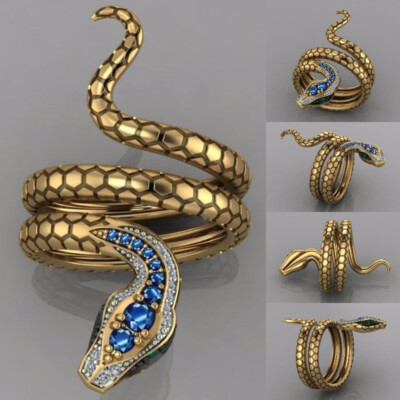 Snake Yellow Gold Plated Rings Fashion Women/Men Cubic Zirconia Jewelry Sz 6-10