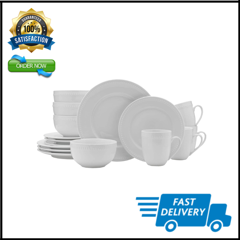 Everyday White by Fitz and Floyd Beaded 16 Piece Dinnerware Set, Service for 4