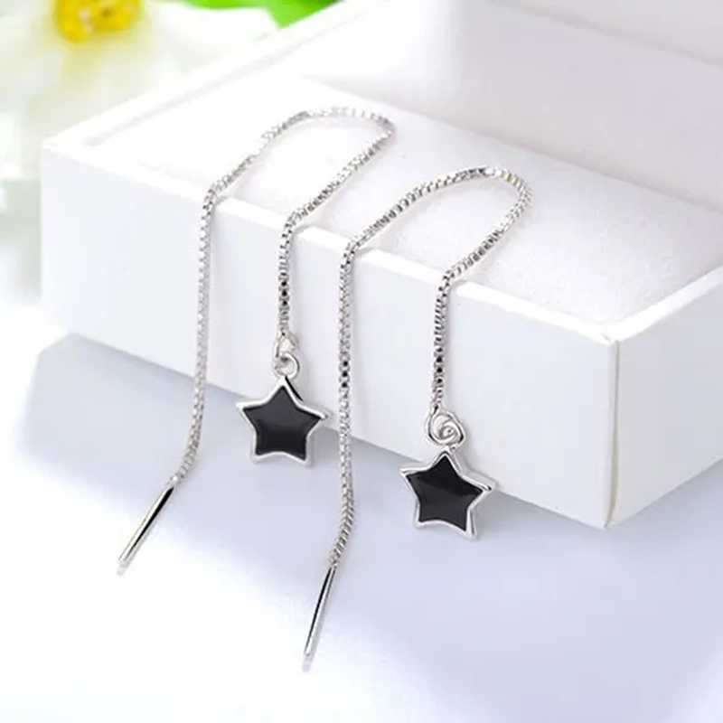 Women Fashion Black Star Ear Line Style Long Tassel Ear Stud Earrings