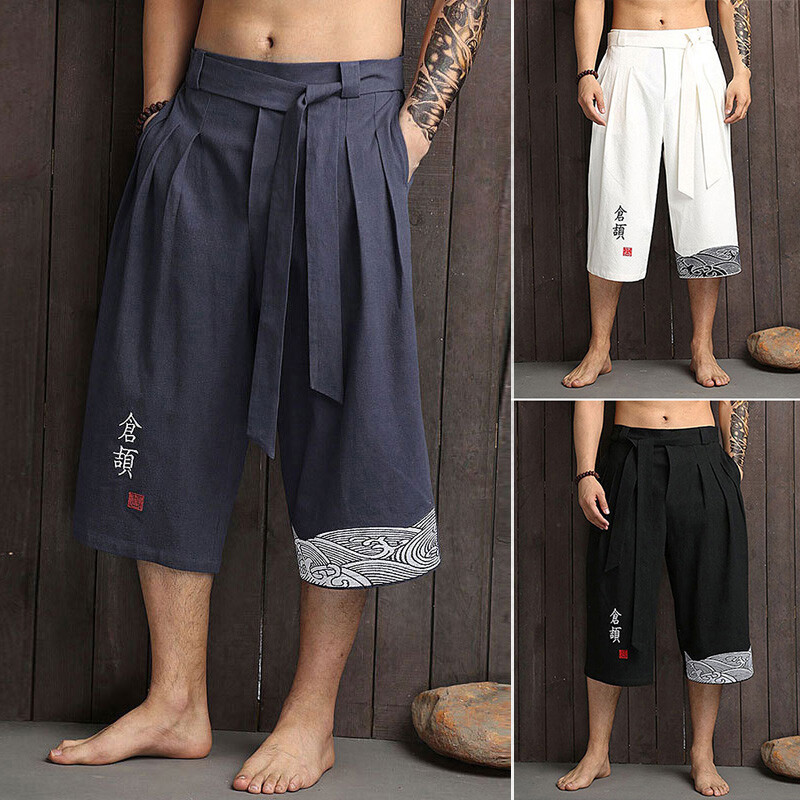Mens Capri Hakama Pants Loose Yukata Trousers Japanese Traditional Kimono