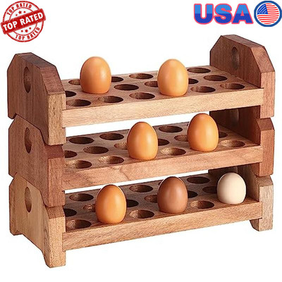Wooden Egg Holder Rack Kitchen Storage 54-Hole Stackable Egg Tray Organizer New