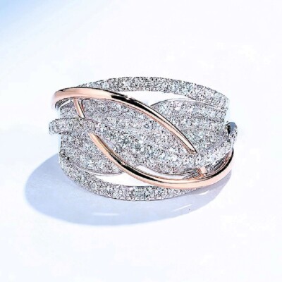 Two Tone 925 Silver Rings Romantic Women Cubic Zirconia Jewelry Size 6-10