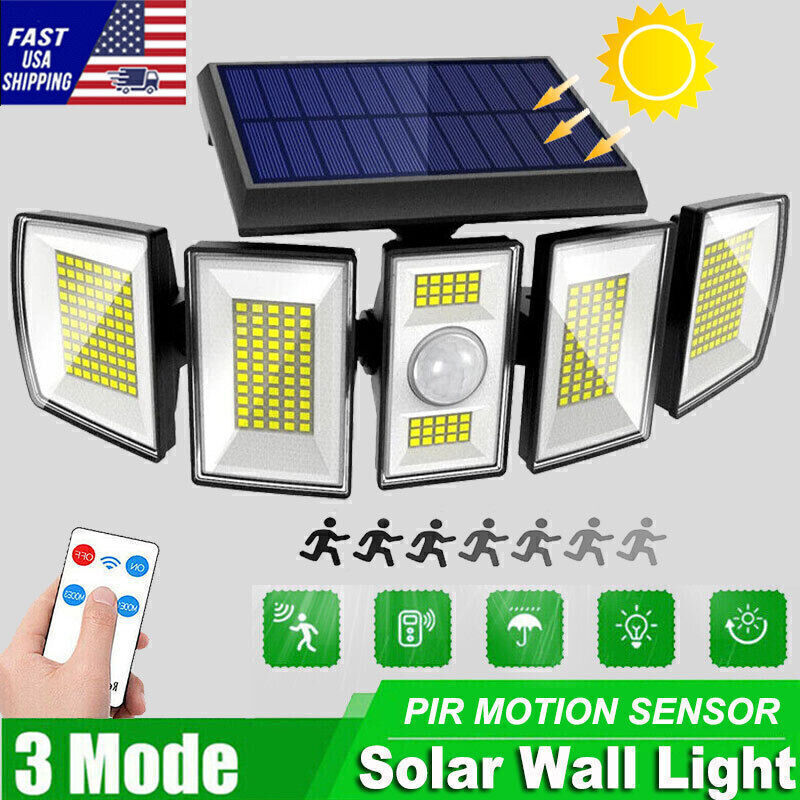 Solar Panel Security Light Outdoor 5 head 7000K 5000LM LED Motion Sensor IP65