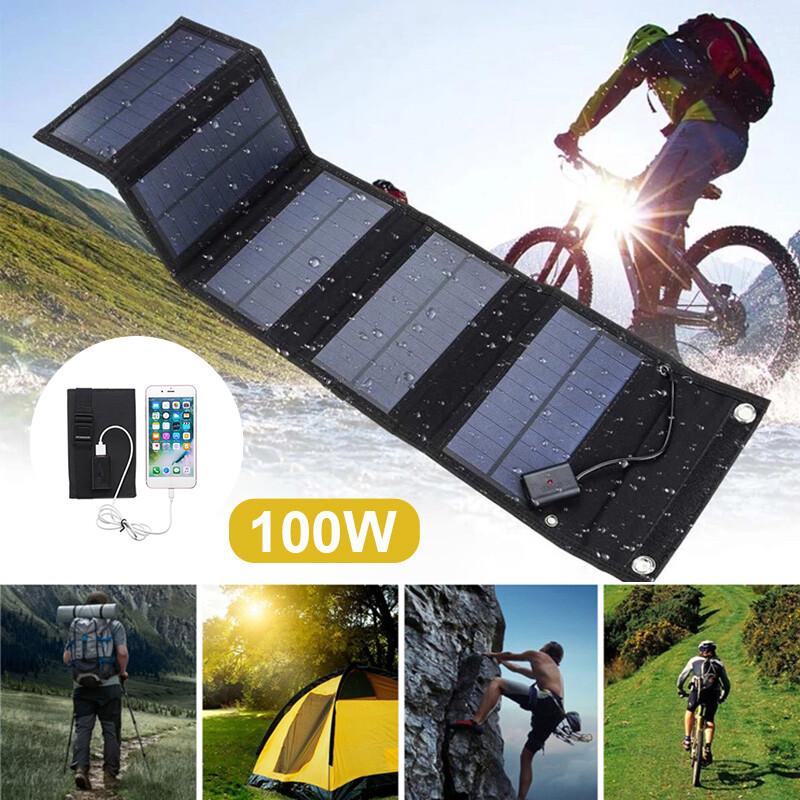 Portable 100W USB Solar Panel Folding Power Bank Outdoor Camping Phone Charger
