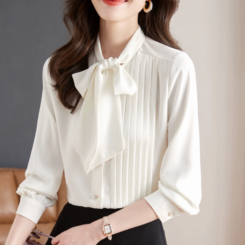 Damen Chiffon Bluse Langarm Schleife Oberteile Büro Falten Bluse Knopf