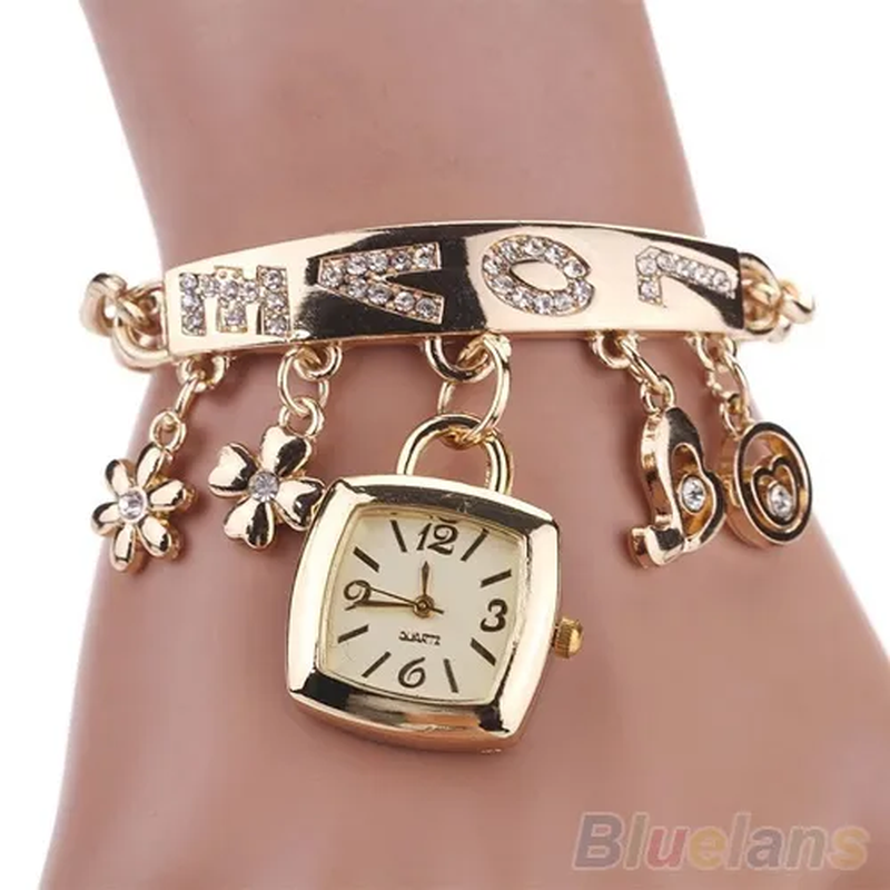 Women'S Flower Heart Love Style Rhinestone Stainless Steel Chain Bracelet Wrist Watch