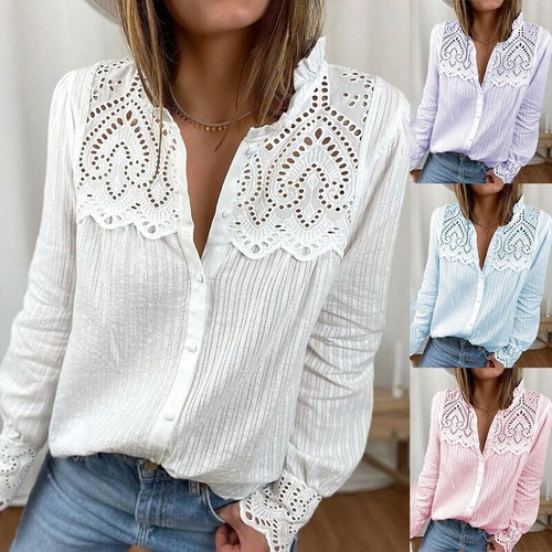 Women Lace Button Down Blouse Shirt Ladies Long Sleeve