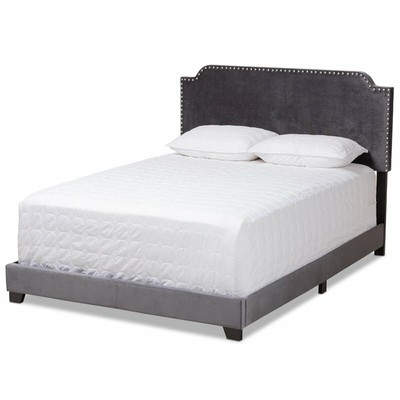 Bowery Hill Velvet Nailhead Upholstered Queen Bed in Grey