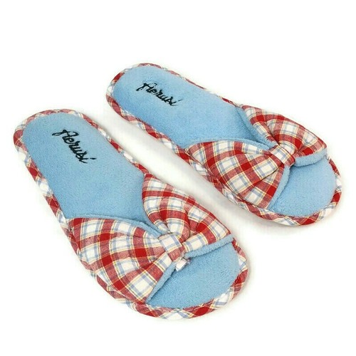 aerusi-women-sz-55-cozy-plaid-bowknot-open-toe-fleece-spa-home-bedroom-slippers