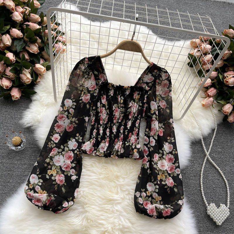 Chiffon Eckiger Ausschnitt Hemd Blumenmuster Top Falten Rüschen Bluse Kurz