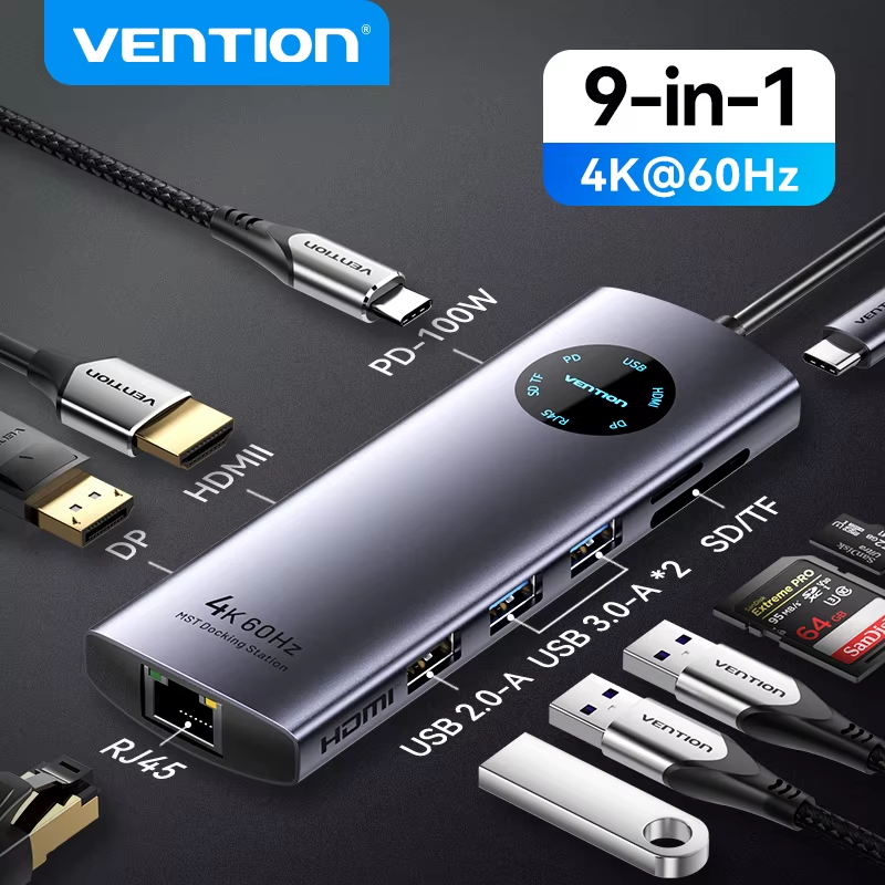 Dual HDMI USB C HUB DP Adapter 4K60Hz 9 in 1 Splitter with RJ45 USB3.0 PD100W MS