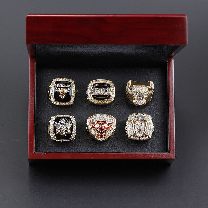 6PCS NBA Chicago Bulls Championship Ring Set Size 11 Gift Wooden Display Box