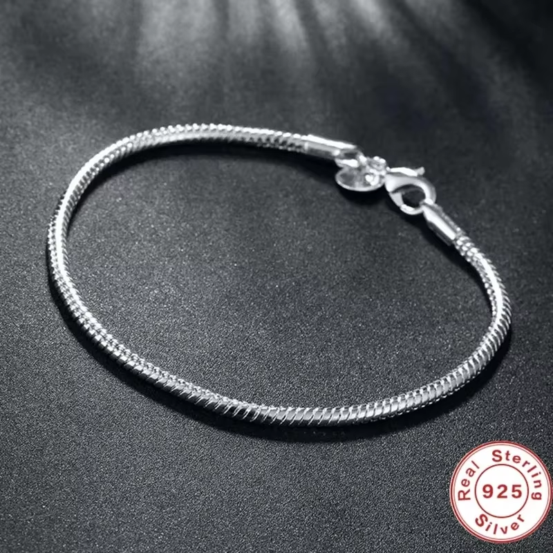 925 Sterling Silver Charm Bracelet Soft Smooth Snake Bone Bracelets for Women Je