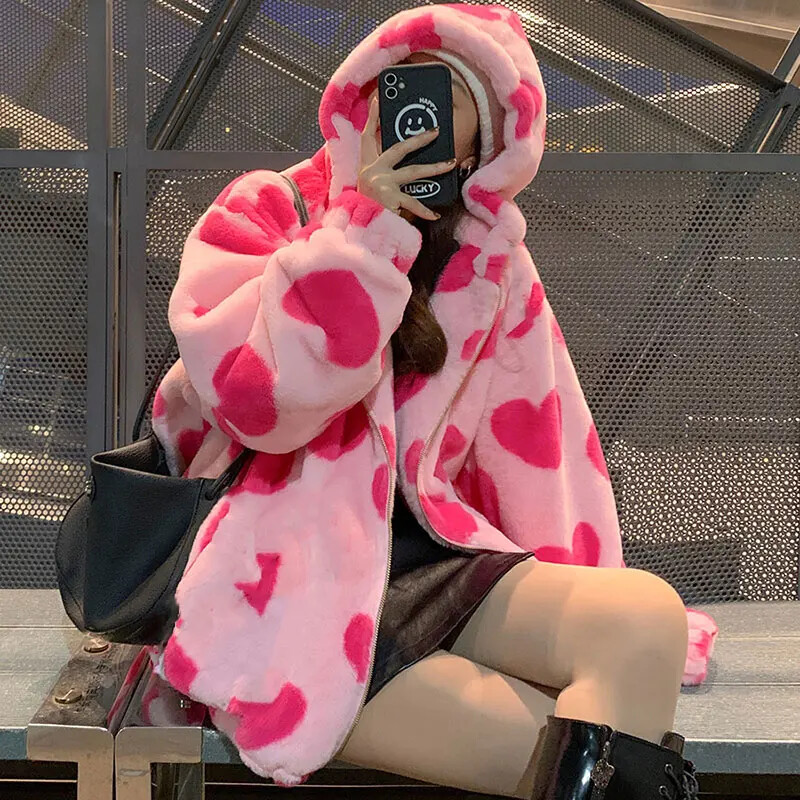 Harajuku Heart-Shaped Print Plush Jacket Women Winter Korean Long Sleeve Zip up