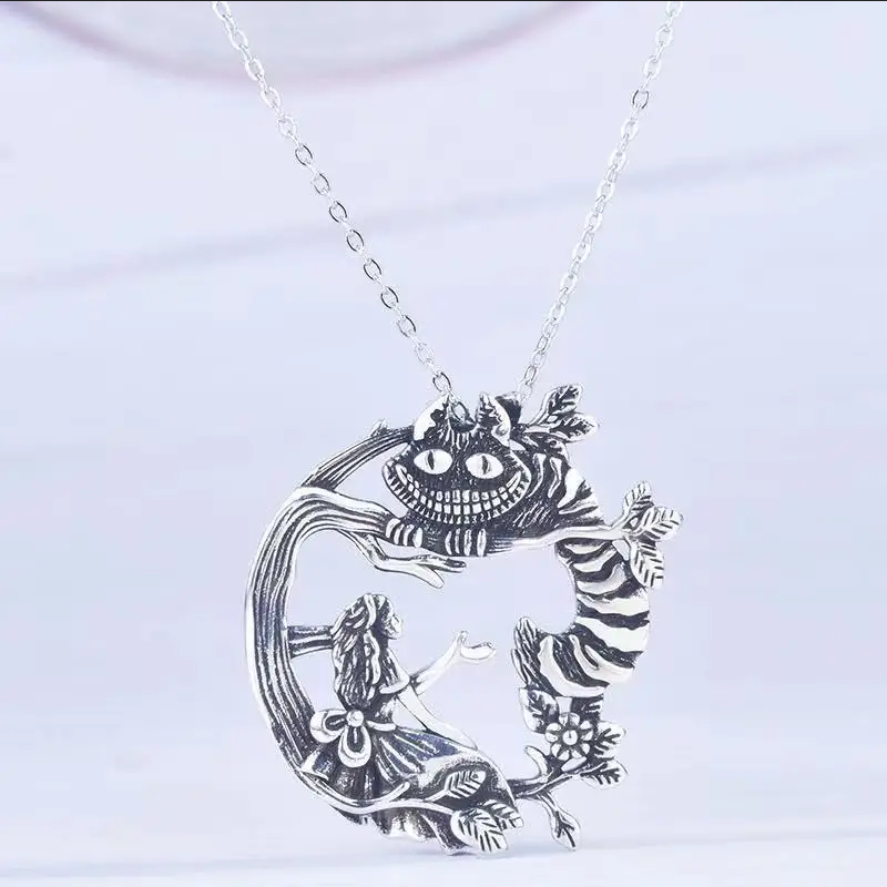 Alice In Wonderland Cheshire Cat Jewelry Vintage Silver Pendant Necklace