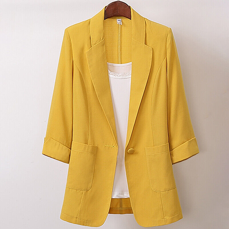 Women's Casual Cotton Linen Blazer Suit-Jacket Ladies Loose Button Up Lapel Coat