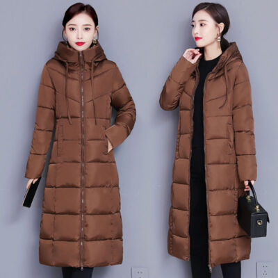 Women's Down Cotton Long Coat Winter Hooded Quilted Outwear Padded Jacket Parka