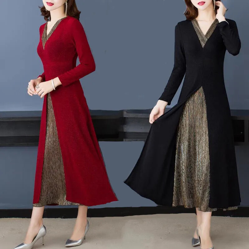 Robe Longue Fendue à Paillettes V-Cou Faux Deux-Pièces Cheongsam Qipao