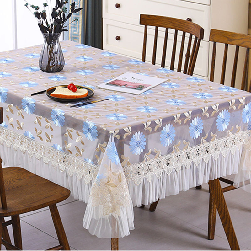 Table Housse Nappe Carré Rectangle Dentelle Brodé Floral Hérissé Transparent