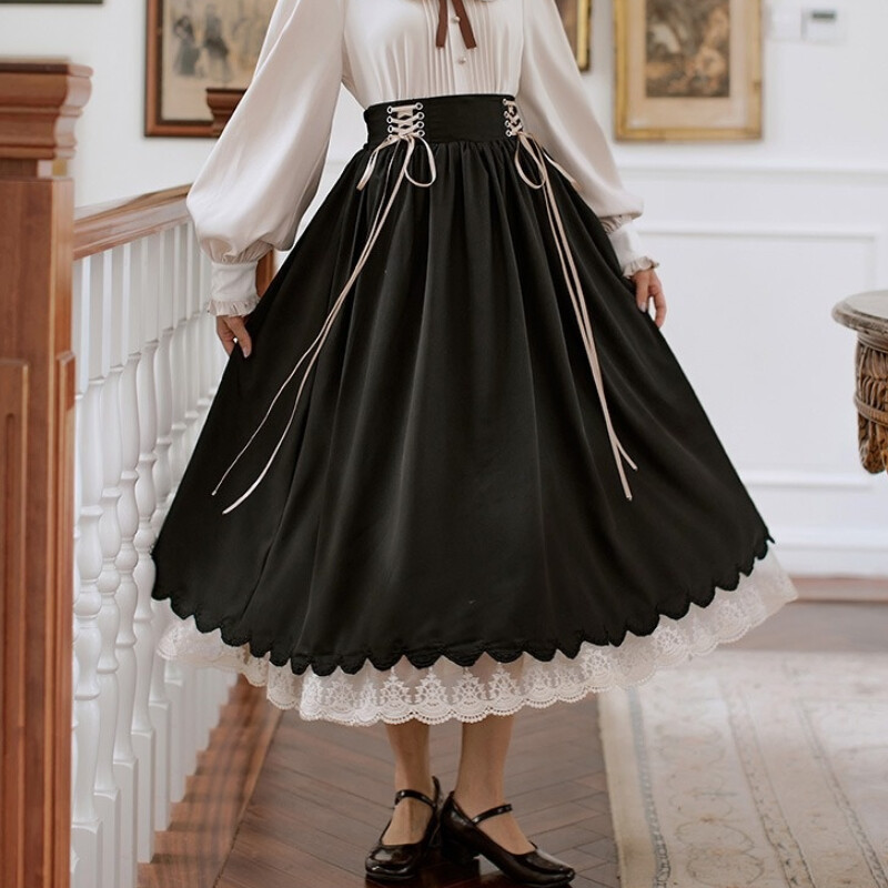 Women Lolita Skirt Retro Cute Princess Skirt Lace High Waist