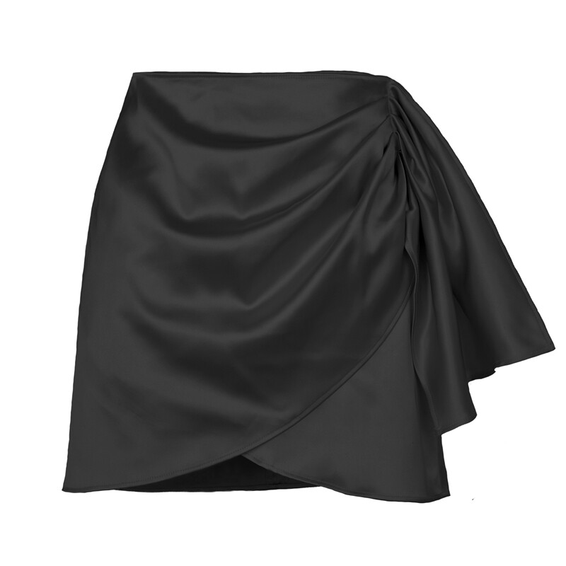 Damen Kunstseide Satin Rock Asymmetrisch Kurz Rüschen Reißverschluss Hohe Taille