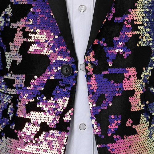 Men Shiny Blazer Jacket Sequined Glitter Iridescent Slim Fit One