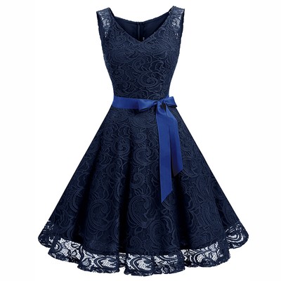Women Floral Lace Knee-Length Bridesmaid Dress Female Short Swing Party Dress US