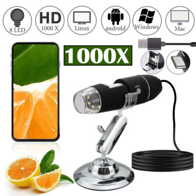 8LED USB Microscopio digital Endoscopio biológico Lupa Cámara con soporte 1000X