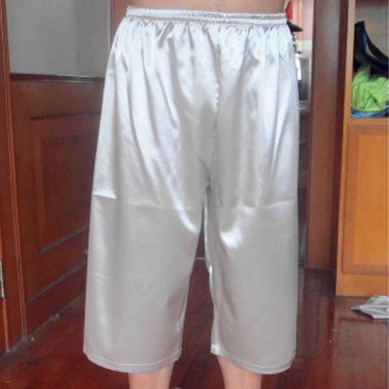 Herren Satin Polyester Pyjama Capri Hose Kurz Shorts Nachtwäsche Uni Glatt Weiß