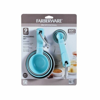 Farberware Professional 9 Pc Measuring Cups and Spoons Set Soft Handle Aqua Gray