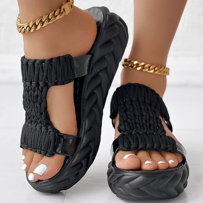 Platform Sandals Summer Braided Knit Hollow Open Toe Slipper Sandals - Anklet No
