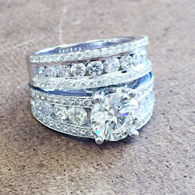 2 Pcs/set Luxury Round Cubic Zircon 925 Silver Filled Ring Women Ring Sz 6-10