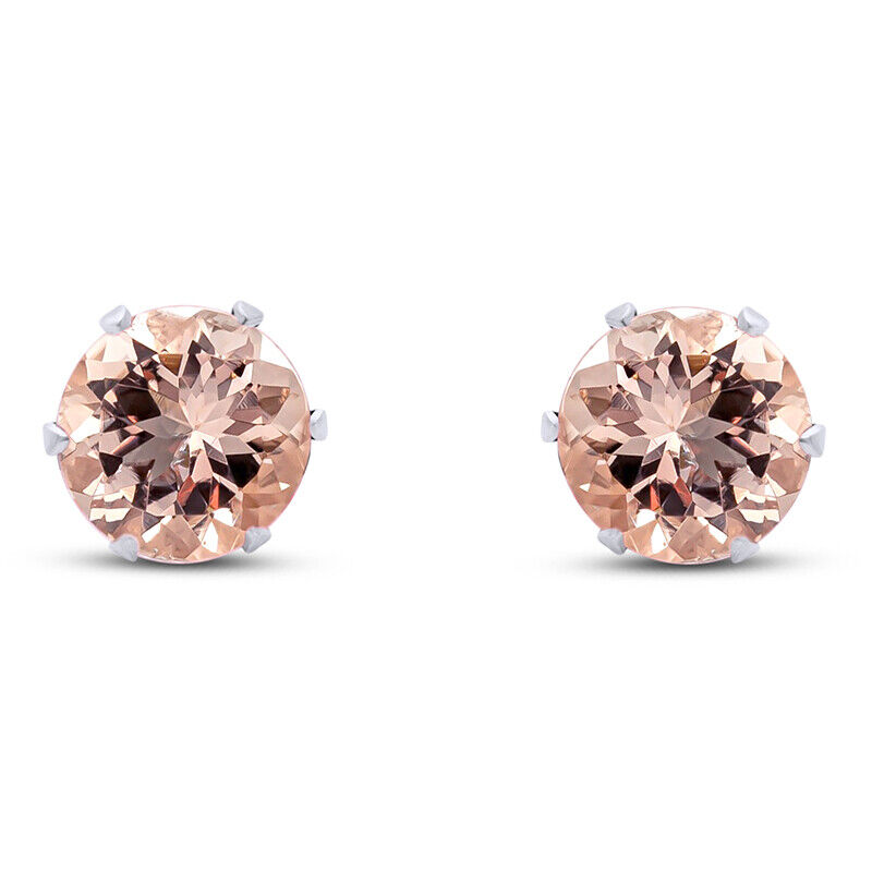 Round Rose Pink Moringanite 6 Prong Stud Earrings 6mm  In 14k White Gold Plated