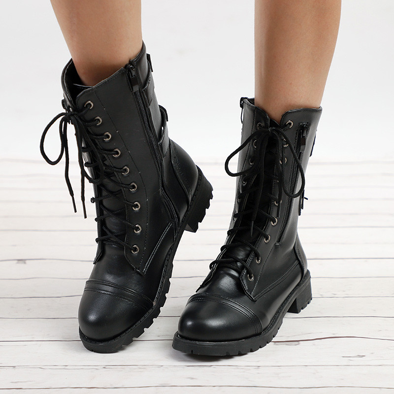 Women Combat Military Boots Lace Up Zipper New Women Fashion Boot Shoes