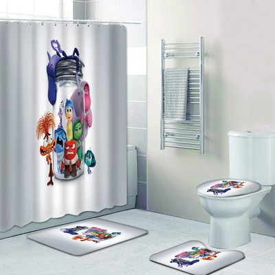 Inside Out 2 Bathroom 4PCS Non-slip Bath Mats Shower Curtain Toilet Lid Cover