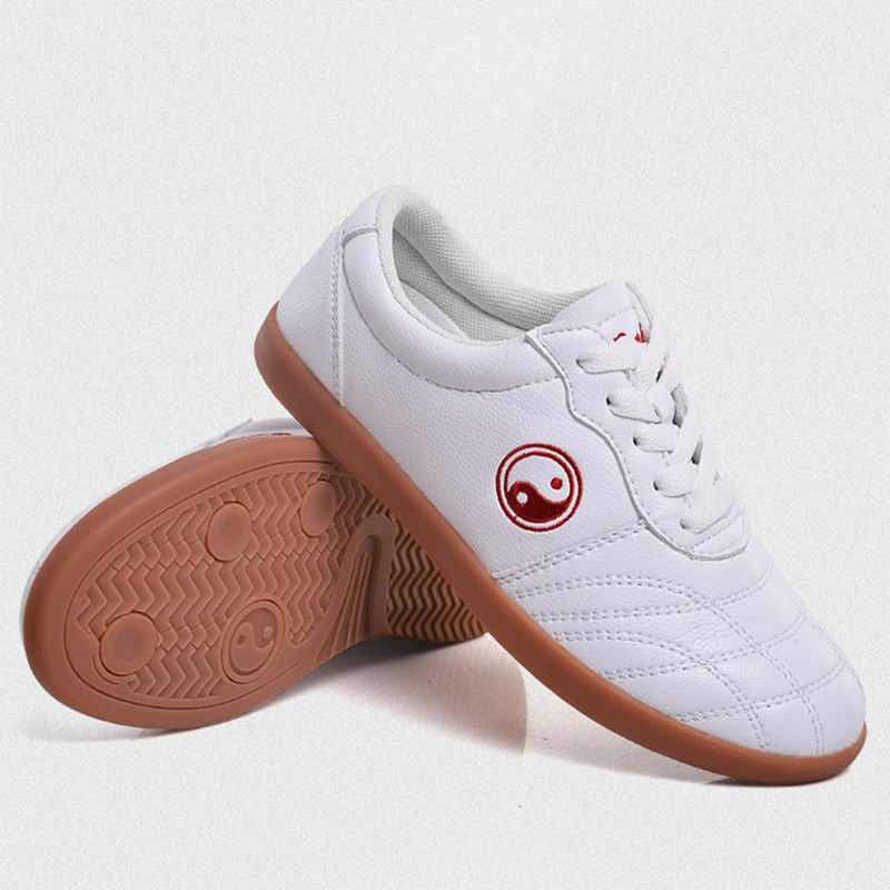 Lady Men Faux Leather Tai Chi Shoes Kung Fu Sports Soft Shoes White Black Casual