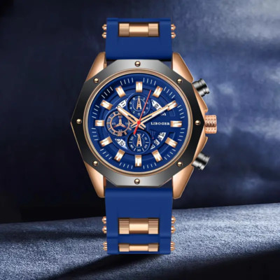 Blue Round Stainless Steel Sports Chronograph Watch Electronic Quartz Movement