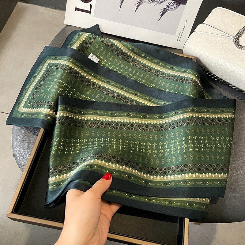 100% Silk Long Scarf Women Men Vintage Green Rhomboid Neckerchief  Tied 150*15cm