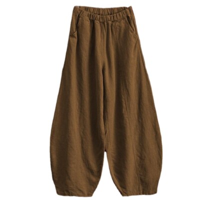 Lady Linen Blend Baggy Pants Elastic Waist Drop Crotch Kung Fu Wide Leg Trousers