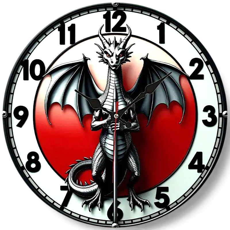 Red Black Dragon Wall Clock 10 Inch Silent Wooden Decor Gothic Fantasy Art